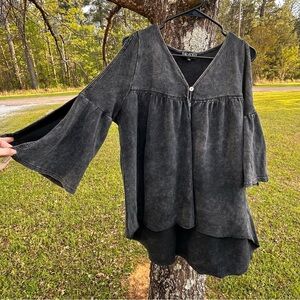 POL Washed Black V-Neck Bell Sleeve Tunic